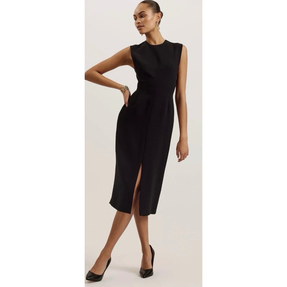 Ted Baker Manabdl Tailored Midi Dress Navy Blue Front Slit Sheath Size 3 US 8